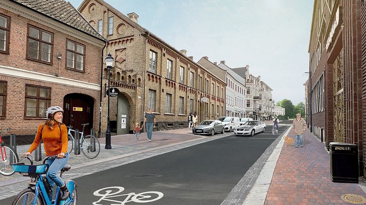 Visionsbild som visar ungefär hur Södra Storgatan är tänkt att se ut efter ombyggnaden.