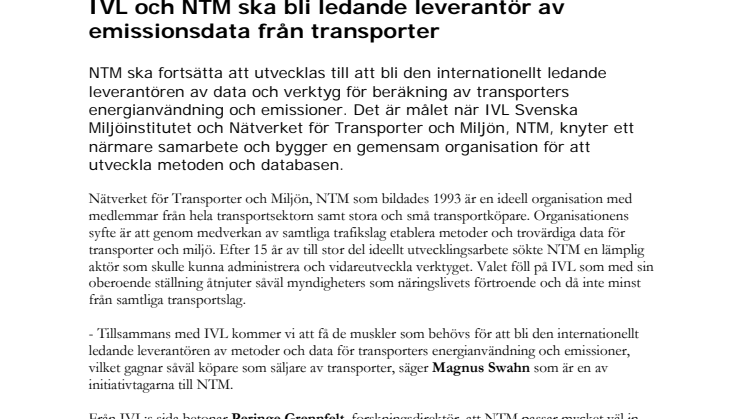 IVL och NTM ska bli ledande leverantör av emissionsdata från transporter