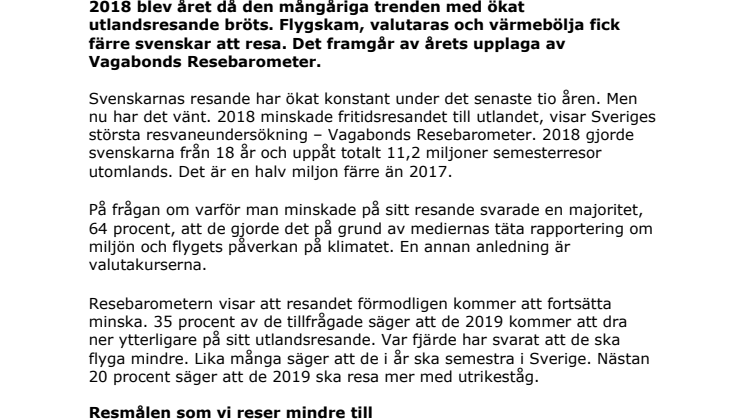 Resebarometern 2019:  Svenskarnas resande minskar 
