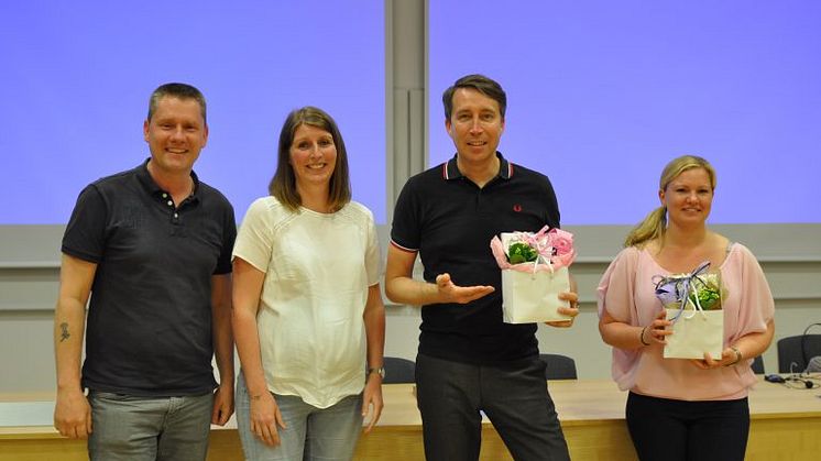 Distriktets Skånes ordförande och vice ordförande, Johan Wifralius och Ewa Karlsson, tillsammans med Richard Jomshof och Lina Boy.