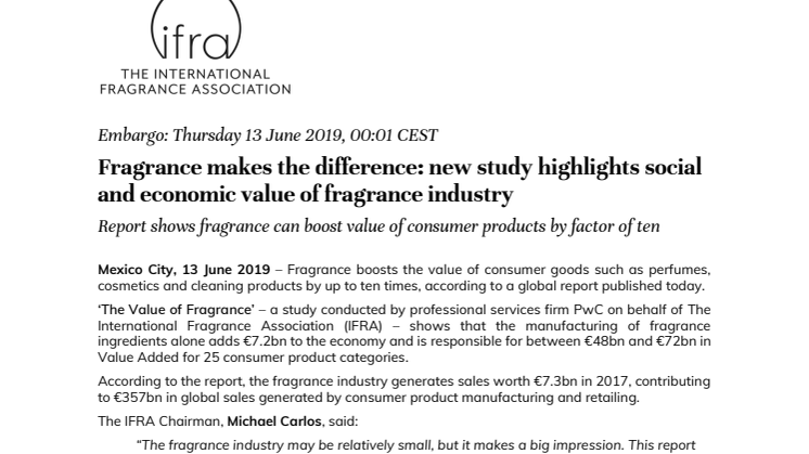 Fragrance makes the difference: new study highlights social and economic value of fragrance industry