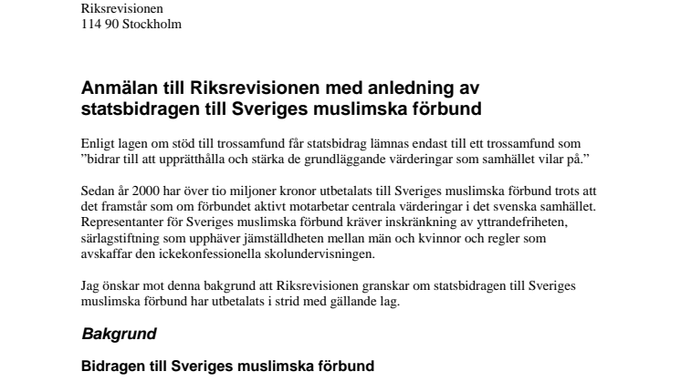 Fp anmäler Sveriges muslimska förbunds statsbidrag till Riksrevisionen