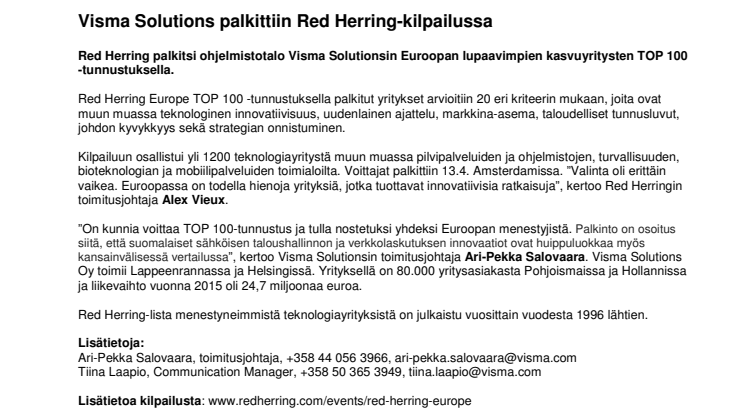 Visma Solutions palkittiin Red Herring-kilpailussa