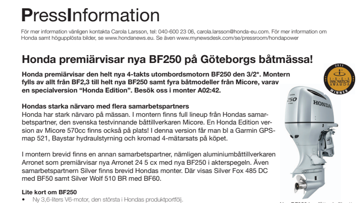Honda premiärvisar nya BF250 på Göteborgs båtmässa!