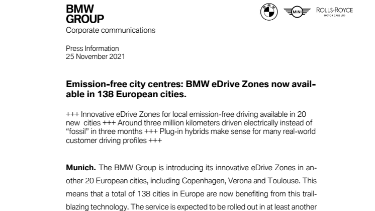 Pressemeddelelse fra BMW Group vedr. udrulning af BMW eDrive-zoner (engelsk)