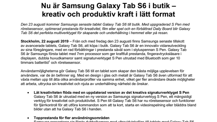 Nu är Samsung Galaxy Tab S6 i butik – kreativ och produktiv kraft i lätt format