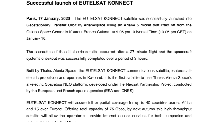 Successful launch of EUTELSAT KONNECT