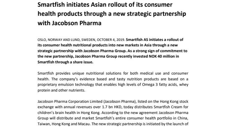 Smartfish initiates Asian rollout of its consumer health products through a new strategic partnership with Jacobson Pharma
