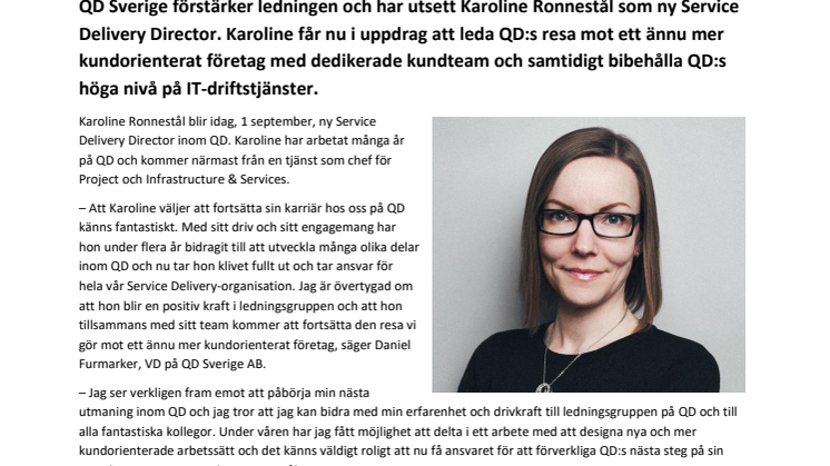 QD förstärker ledningen med Karoline Ronnestål som ny Service Delivery Director