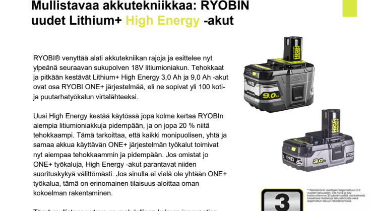 Mullistavaa akkutekniikkaa: RYOBIN uudet Lithium+ High Energy -akut