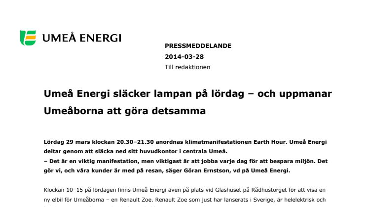 Umeå Energi släcker lampan på lördag – och uppmanar Umeåborna att göra detsamma