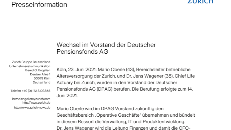 Wechsel im Vorstand der Deutscher Pensionsfonds AG
