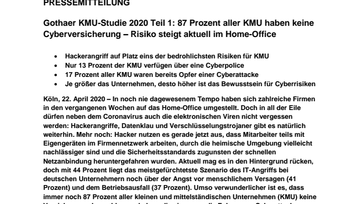 Gothaer KMU-Studie 2020 Teil 1: 87 Prozent aller KMU haben keine Cyberversicherung – Risiko steigt aktuell im Home-Office