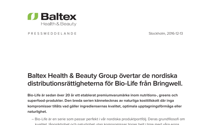 Baltex Health & Beauty Group övertar de nordiska distributionsrättigheterna för Bio-Life från Bringwell