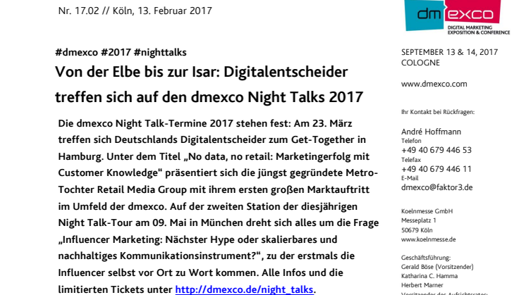 Von der Elbe bis zur Isar: Digitalentscheider treffen sich auf den dmexco Night Talks 2017