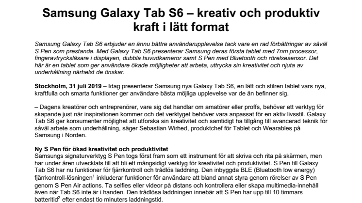 Samsung Galaxy Tab S6 – kreativ och produktiv kraft i lätt format