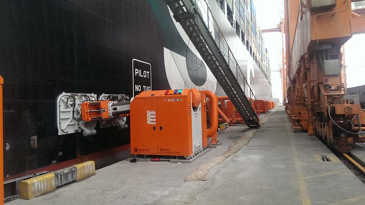 Safe and sound: MoorMaster automated mooring units hold a container vessel in position at Salalah.