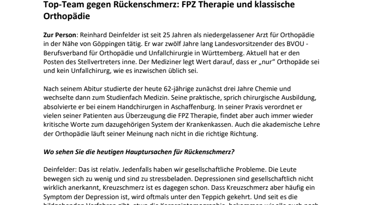 Reinhard Deinfelder, Facharzt für Orthopädie, Sportmedizin und Chirotherapie im Interview