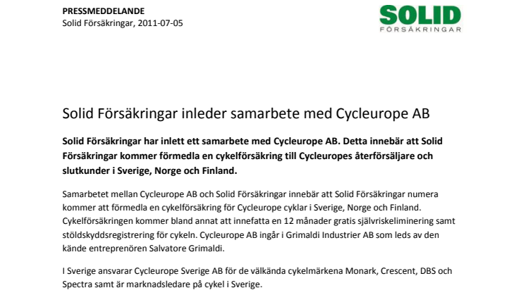 Solid Försäkringar inleder samarbete med Cycleurope AB