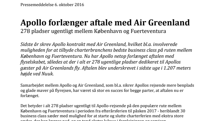 Apollo forlænger aftale med Air Greenland