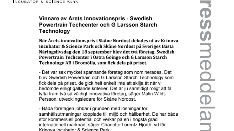 Vinnare av Årets Innovationspris - Swedish Powertrain Techcenter och G Larsson Starch Technology 