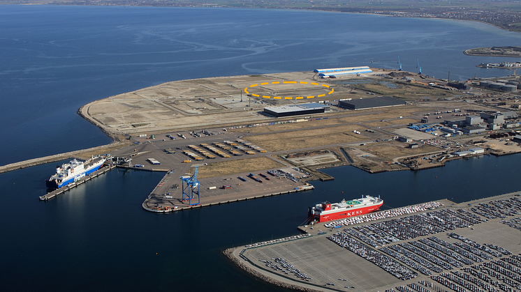 Flygbild över Norra Hamnen samt det aktuella (gulmarkerade) området för TEXELs etablering.