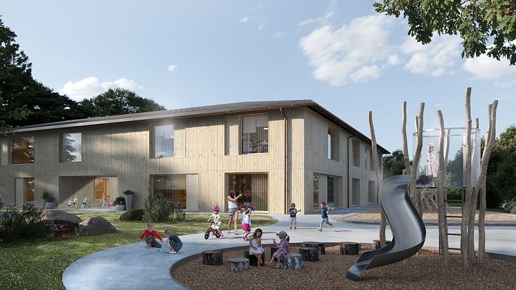 Illustration av den nya förskolan som ska byggas i Vigelsjö. Arkitekt: Scott Rasmusson Källander (SR-K).