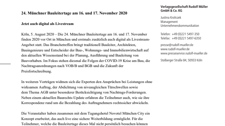 24. Münchner Bauleitertage am 16. und 17. November 2020