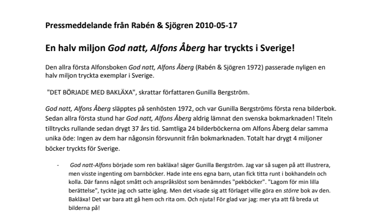 En halv miljon God natt, Alfons Åberg har tryckts i Sverige!