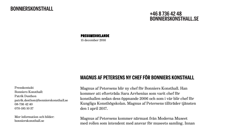 Magnus af Petersens ny chef för Bonniers Konsthall