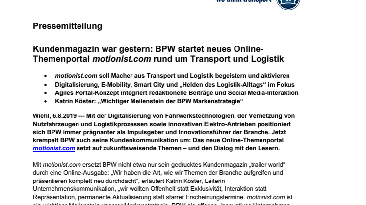 Kundenmagazin war gestern: BPW startet neues Online-Themenportal motionist.com rund um Transport und Logistik