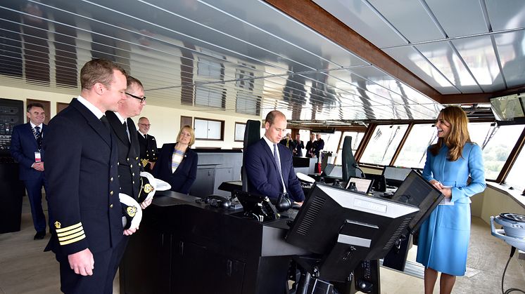 Royal Ceremonial Naming of RRS Sir David Attenborough. Sir David Attenborough and Duke and Duchess of Cambridge attended the event on Thursday – pictured with Kongsberg Maritime systems on the bridge. Photo credit: British Antarctic Survey
