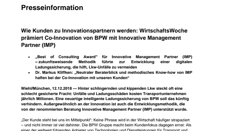 Wie Kunden zu Innovationspartnern werden: WirtschaftsWoche prämiert Co-Innovation von BPW mit Innovative Management Partner (IMP)