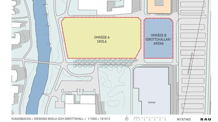 Skissen visar placering av skolan och idrottsarenan på Inlag i Kungsbacka. 
