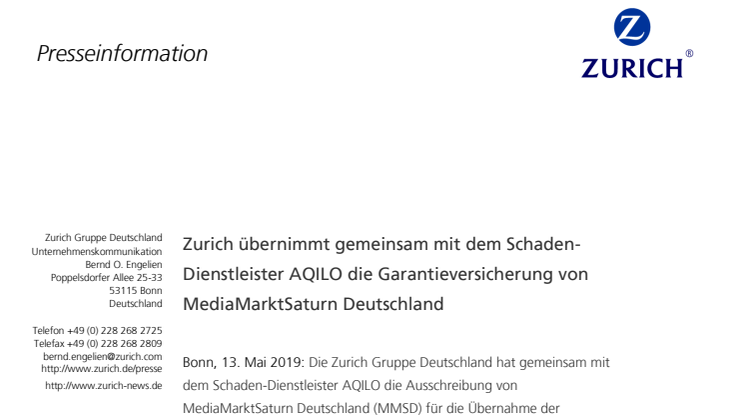Zurich übernimmt gemeinsam mit dem Schaden-Dienstleister AQILO die Garantieversicherung von MediaMarktSaturn Deutschland