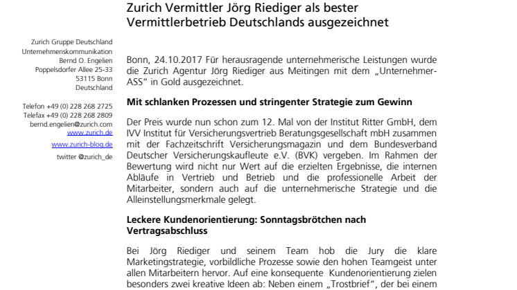 Zurich Agentur Jörg Riediger als bester Vermittlerbetrieb Deutschlands ausgezeichnet 