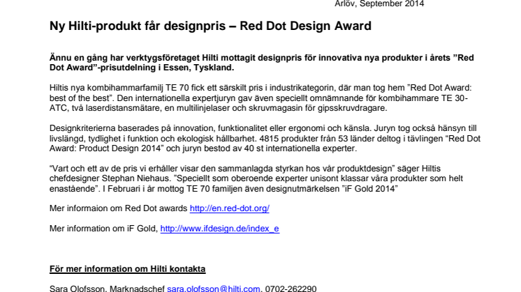 Ny Hilti-produkt får designpris – Red Dot Design Award