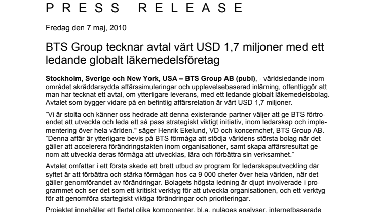 BTS Group tecknar avtal värt USD 1,7 miljoner med ett ledande globalt läkemedelsföretag