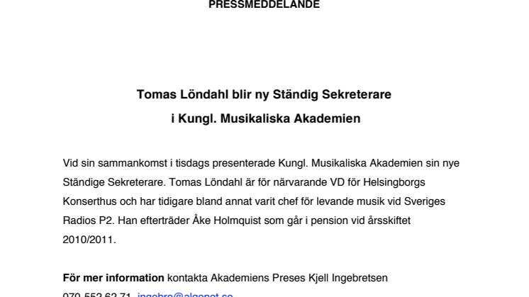 Tomas Löndahl blir ny Ständig Sekreterare  i Kungl. Musikaliska Akademien