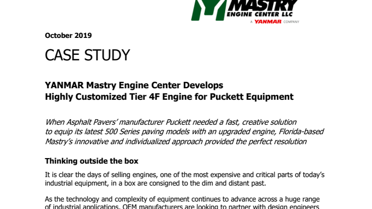 Case Study - YANMAR Mastry Engine Center Develops Highly Customized Tier 4F Engine for Puckett Equipment