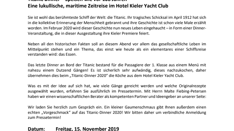Pressetermin: Titanic Dinner 2020 - ein Vorgeschmack im Hotel Kieler Yacht Club