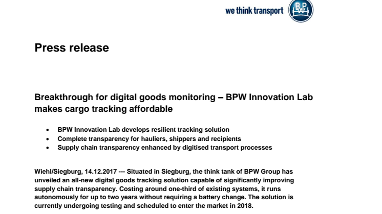 Breakthrough for digital goods monitoring – BPW Innovation Lab makes cargo tracking affordable