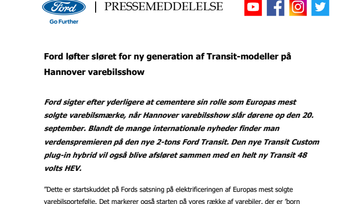 Ford præsenterer ny Transit-generation på Hannover varebilsshow