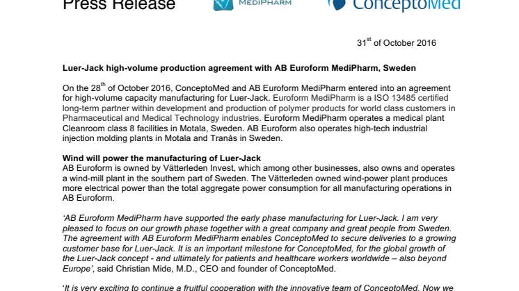 Luer-Jack high-volume production agreement with AB Euroform MediPharm, Sweden