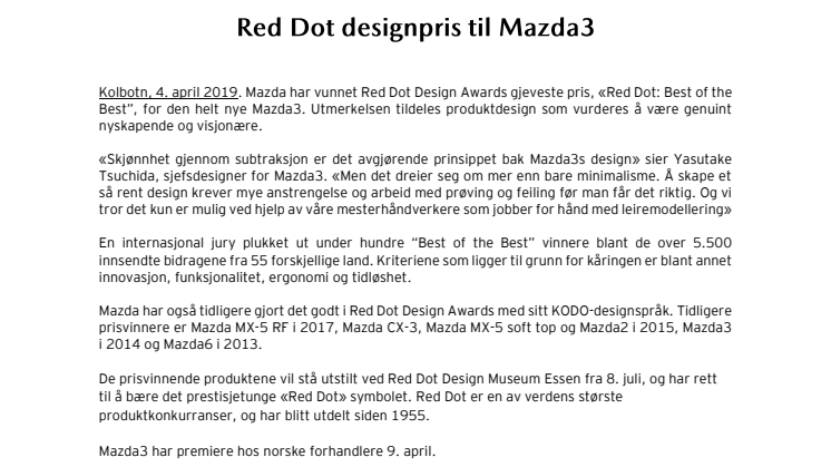 Helt nye Mazda3 vinner Red Dot Design Award