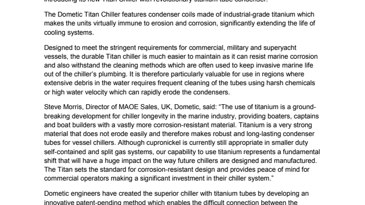 Dometic Introduces New Titan Chiller Featuring Titanium Tube Condenser
