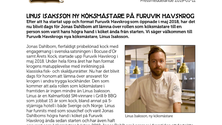 Linus Isaksson ny köksmästare på Furuvik Havskrog
