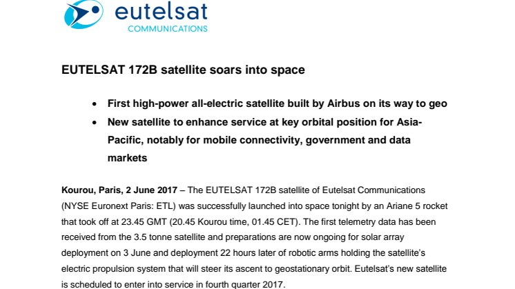 EUTELSAT 172B satellite soars into space