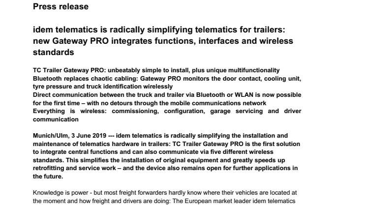 idem telematics is radically simplifying telematics for trailers: new Gateway PRO integrates functions, interfaces and wireless standards 