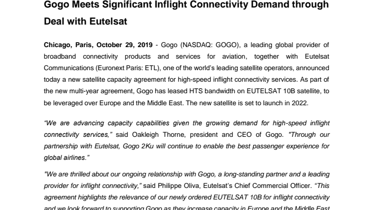 Gogo Meets Significant Inflight Connectivity Demand through Deal with Eutelsat 